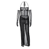 Women's Spring Sexy Halter Strapless See-Through Jumpsuit Slim Slit Skirt Two Piece Set