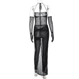 Women's Spring Sexy Halter Strapless See-Through Jumpsuit Slim Slit Skirt Two Piece Set