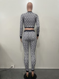 Autumn And Winter Women's Elastic Print Long-Sleeved Two-Piece Pants Set