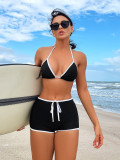 Bikini Black And White Contrasting Deep V Lace-Up Two Pieces Swimsuit