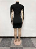 Sexy Rhinstone Patchwork Contrast Slim Waist Long Sleeve Bodycon Dress