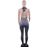 Women Sexy Backless Halter Neck V-neck Pocket Jumpsuit