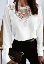 Spring Long-Sleeved Solid Color Lace Round Neck Shirt For Women
