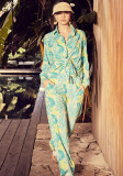 Women's Fashionable Loose Printed Long Sleeve Shirt Slit Wide Leg Pants Two Pieces Suit