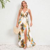 Summer Women's V-Neck Sleeveless Slit Printed Long Strap Dress
