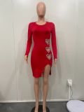 Sexy Solid Color Long Sleeve Heart Beaded Dress