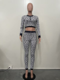 Autumn And Winter Women's Elastic Print Long-Sleeved Two-Piece Pants Set