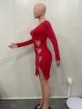 Sexy Solid Color Long Sleeve Heart Beaded Dress