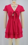 Summer Ladies Sexy Lace-Up Solid Color Short Sleeve Ruffled Casual Dress