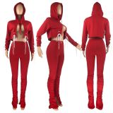Fashion Women's Clothing Spring Solid Color Slit Lace-Up Hoodies Pants Two-Piece Set