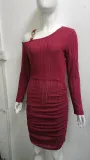 Autumn And Winter Solid Color Metal Buckle Slash Shoulder Tight Fitting Sexy Long-Sleeved Bodycon Slim Dress For Women