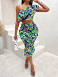 Summer Casual Ladies Slash Shoulder Ruffle Print Ladies Skirt Set