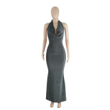 Women Sexy Maxi Dress with Swing Collar and Tie Fishtail