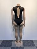 Sexy Beaded See-Through Low Back Mesh Bodysuit Slit Skirt Two-Piece Set