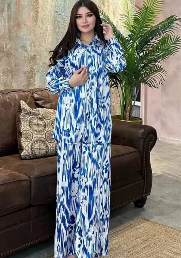 Women's Fashionable Loose Satin Printed Long-Sleeved Shirt Wide-Leg Trousers Two-Piece Set