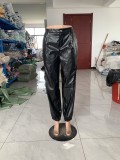 Women Zip Pleated Pockets Casual PU-Leather Pants