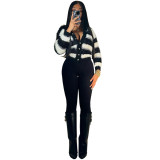 Women winter black and white striped single-breasted cardigan knitting shirt