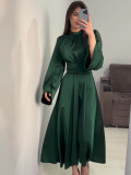 Women Lace-Up Solid Long Sleeve Dress