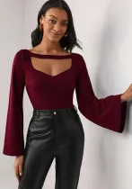 Women Elegant Square Neck Bell Bottom Sleeve Top
