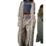 Women spring leopard print long-sleeved cardigan jacket and pant two-piece set