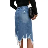 Spring Summer Women's High Waist Front Slit Denim Long Skirt