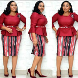 Africa Plus Size Women's Round Neck 3 Quarter Sleeve Contrast Print Dress