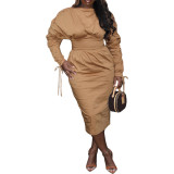 Women's Drawstring Long Sleeves Solid Color Pleated Dress