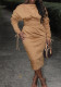 Women's Drawstring Long Sleeves Solid Color Pleated Dress