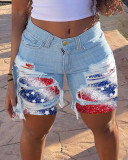 Spring Summer Patched Ripped Mid Women's Denim Shorts
