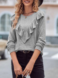 Fashion Casual Women's Spring And Winter Solid Color Slim Knitting Round Neck Ruffle Top