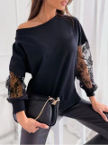Spring Solid Color Chic Lace Patchwork Slash Shoulder Loose Long-Sleeved Lace Shirt