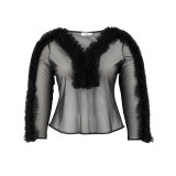 Sexy See-Through Long Sleeve Blouse V-Neck Mesh Patchwork Slim Waist Slim Fit Tops