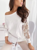 Spring Solid Color Chic Lace Patchwork Slash Shoulder Loose Long-Sleeved Lace Shirt