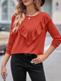 Fashion Casual Women's Spring And Winter Solid Color Slim Knitting Round Neck Ruffle Top