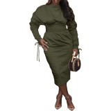 Women's Drawstring Long Sleeves Solid Color Pleated Dress