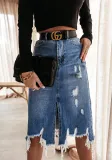Spring Summer Women's High Waist Front Slit Denim Long Skirt