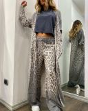 Women spring leopard print long-sleeved cardigan jacket and pant two-piece set
