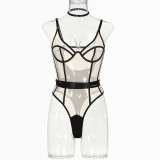 Sexy See-Through Mesh Patchwork Low Back Straps Bodysuit Lingerie