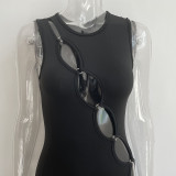 Women Summer Sleeveless Metal Button Hollow Zipper Jumpsuit