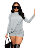Women Spring Round Neck Long Sleeve Gathered Casual Dress