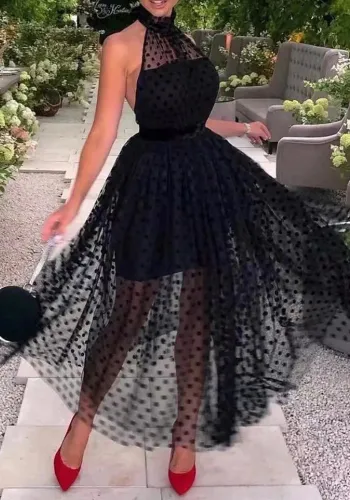 Women Black Polka Dot Backless Bohemian Halter Neck Dress