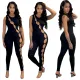 Women Summer Sleeveless Metal Button Hollow Zipper Jumpsuit