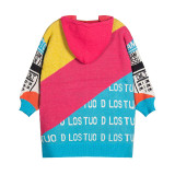 Women Autumn and Winter Hooded Drawstring Long Sleeve Color Block Letter Loose Sweater