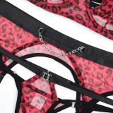 Women's Clothing Chain Decorative Leopard Print Mesh Sexy Hollow Five-Piece Lingerie Set