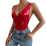 Women PU-Leather sexy v-neck jumpsuit Sexy Lingerie