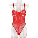 Women Pearl Lace Suspender See-Through Jumpsuit Sexy Lingerie