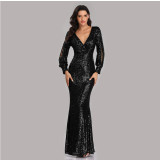 V-Neck See-Through Mesh Beaded Sexy Slim Fit Long Dress
