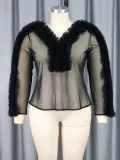 Sexy See-Through Long Sleeve Blouse V-Neck Mesh Patchwork Slim Waist Slim Fit Tops