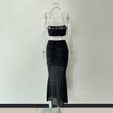 Women Sexy Mesh Beaded Crop Camisole and Skirt Two-piece Set