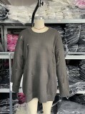 Women Casual Ripped Round Neck Loose Long Sleeve Sweater